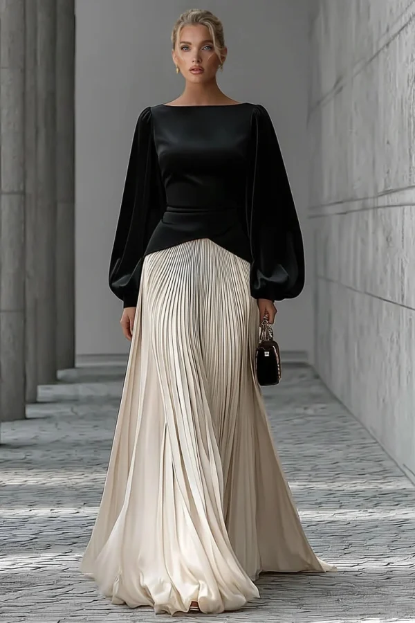 Chic Minimalist Velvet Paneled Pleated-Hem Maxi Dress
