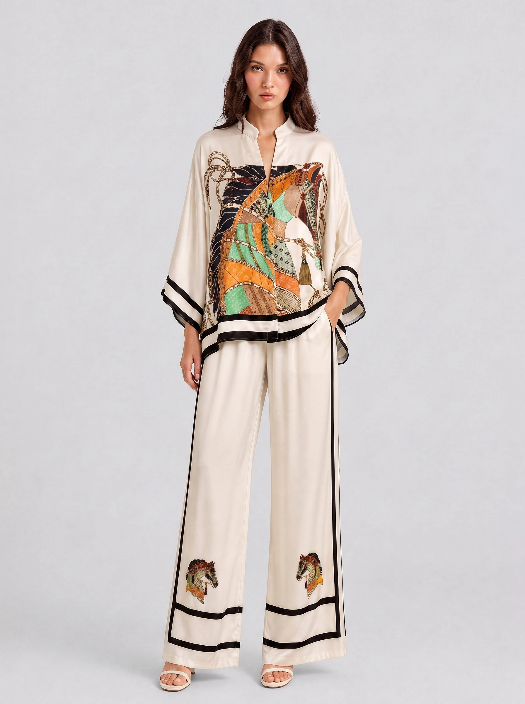V-Neck Horse Pattern Satin Suit Pants Two-Piece Set - Image 1