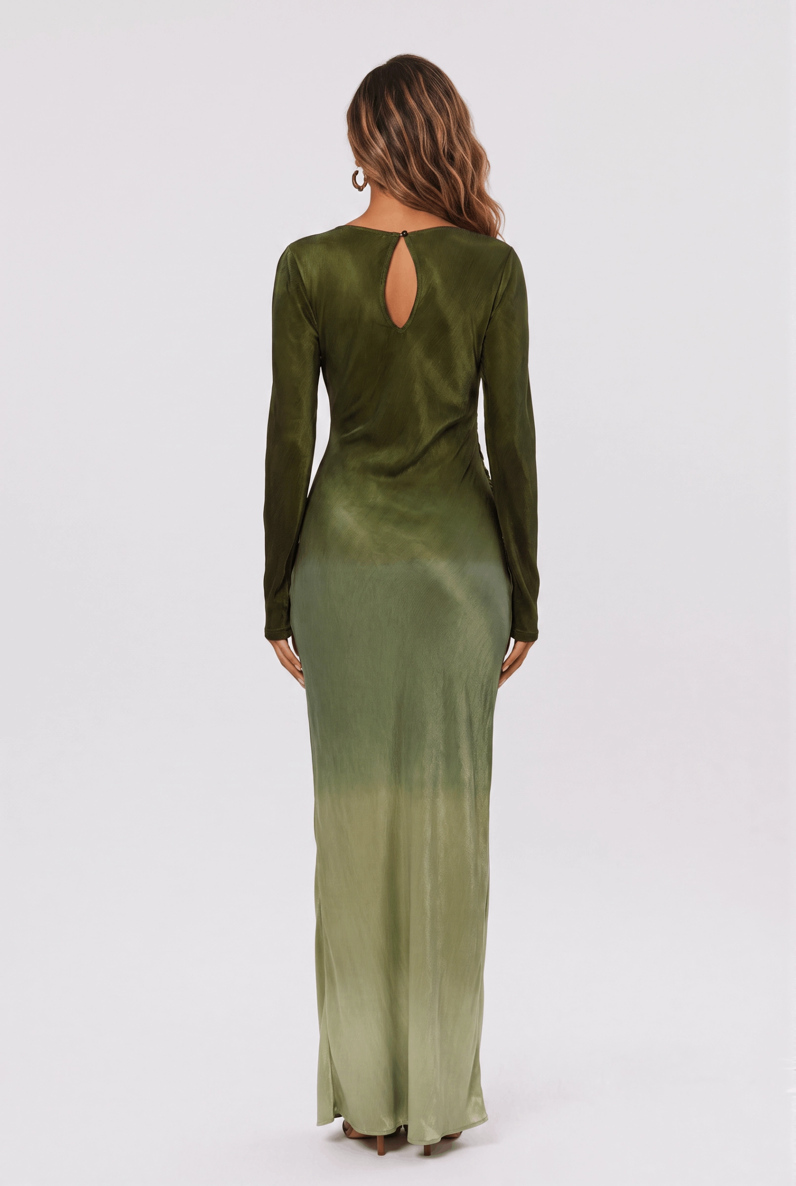 Gradient Olive Green Satin Boat Neck Long Sleeve Side Pleat Slit Slim-Fit Long Dress - Image 4