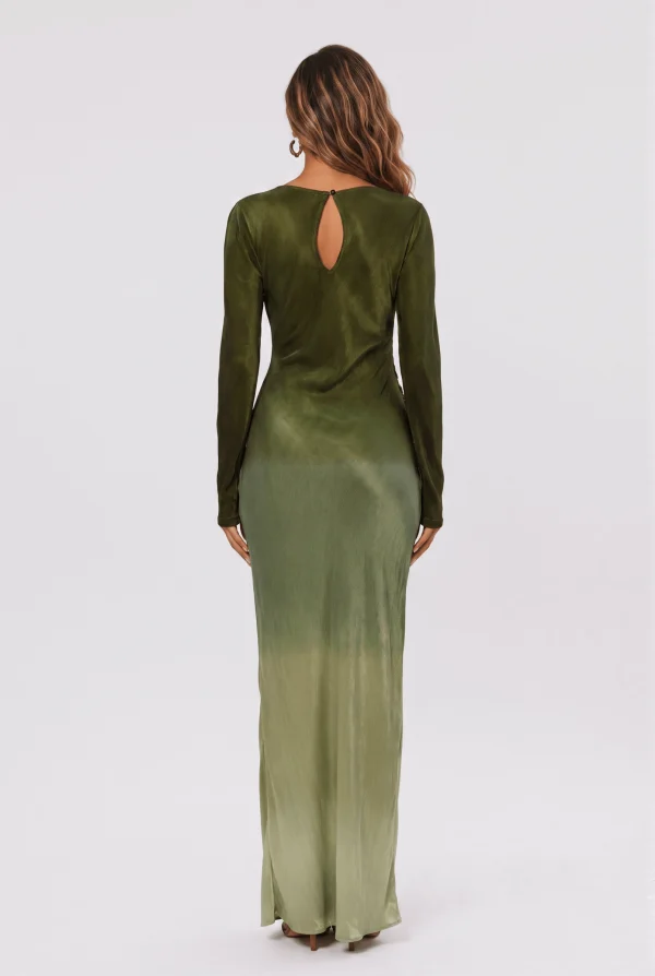 Gradient Olive Green Satin Boat Neck Long Sleeve Side Pleat Slit Slim-Fit Long Dress - Image 2